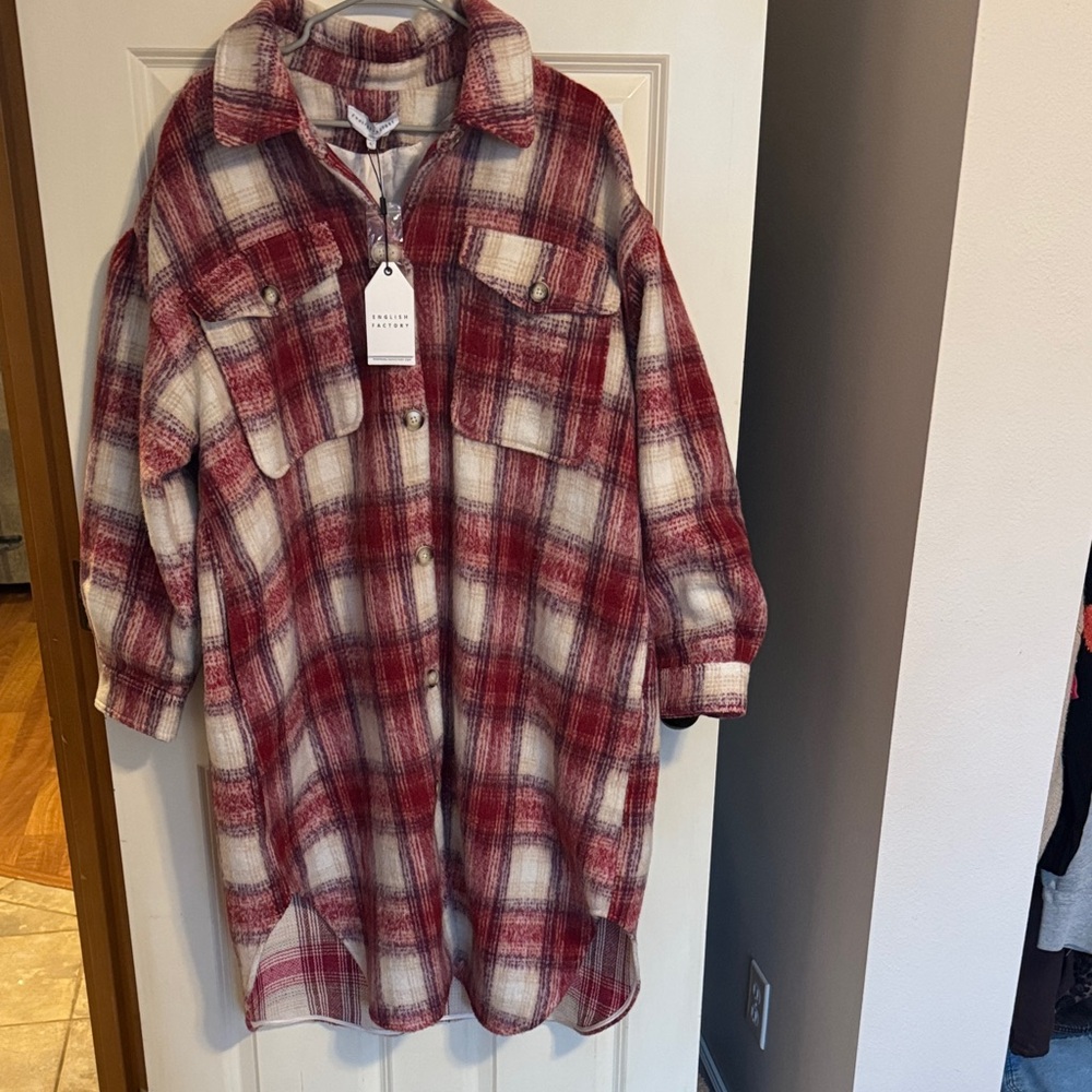 NWT English Factory Button Up Oversize Long Coat Plaid Womens L Tan Red